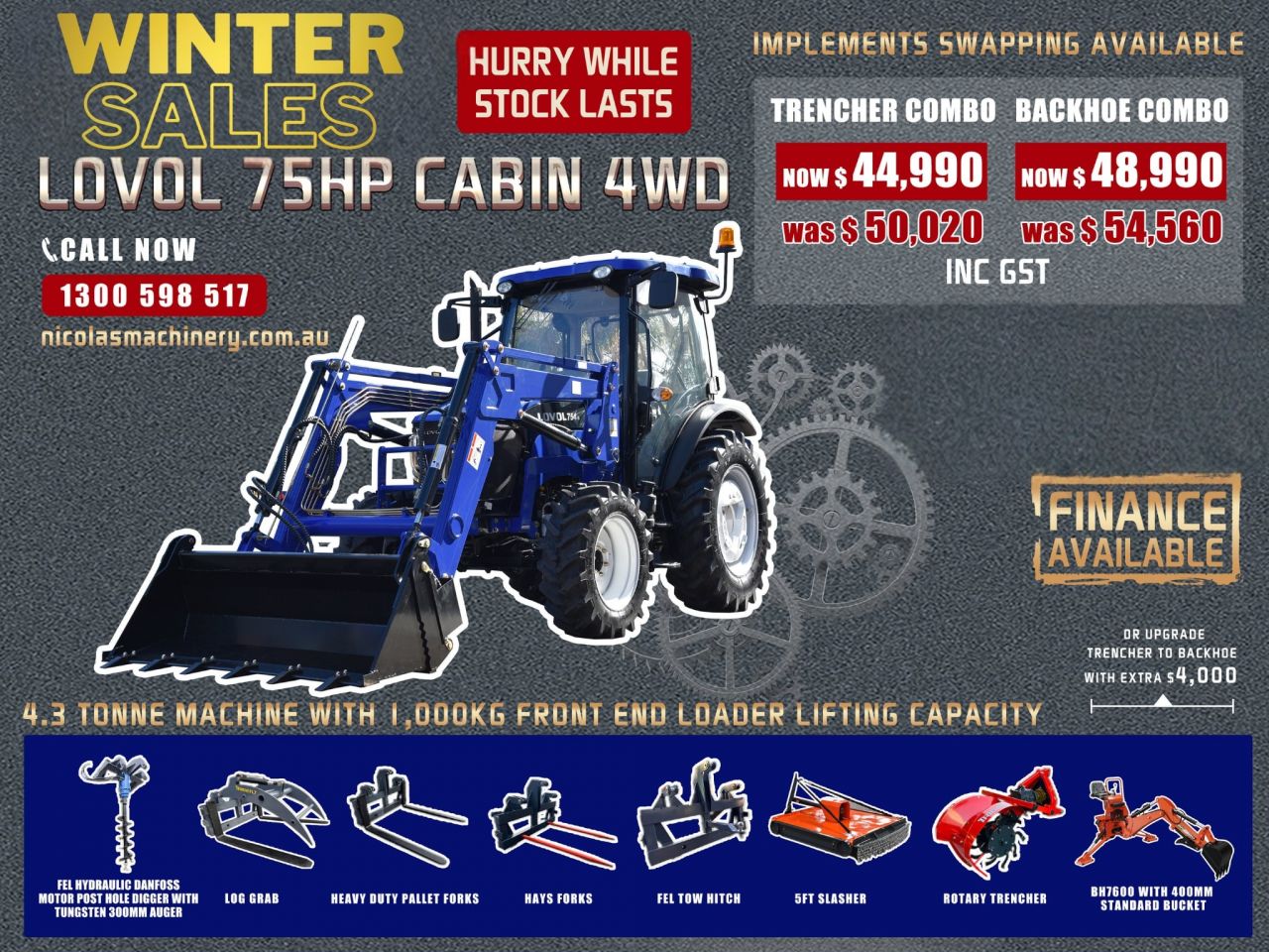 Lovol 75hp 4wd A C Cabin Tractor Combo Deal 1000kg Front Loader Lift Capacity 3 Years Labour